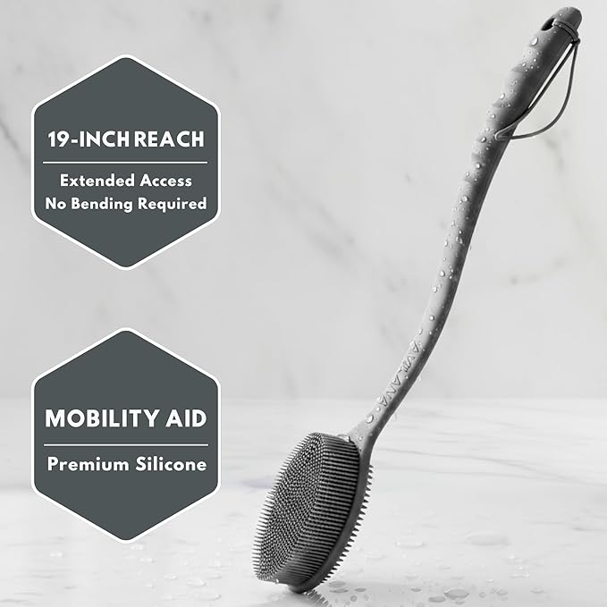 Long Handle Back Scrubber for Shower - 19 inch Extended Reach Silicone Body Brush - Avilana Bath Scrubber Extended Reach Tool - Easy Grip Body Wash Brush Gift