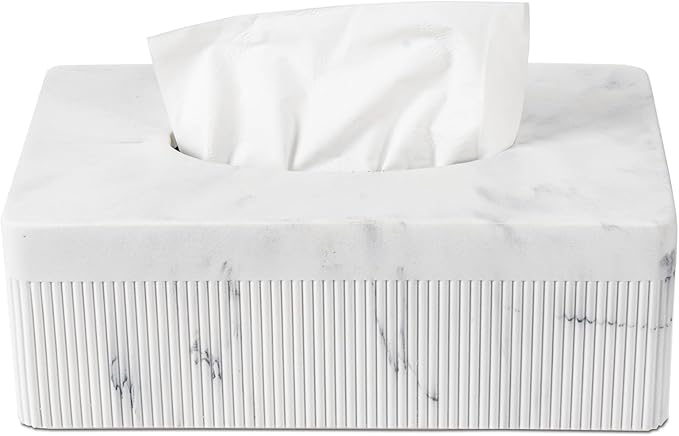 Marble Tissue Box Cover, Rectangular Napkin Facial Tissues Holder for Home Office, Hand Poured Marble Tissue Box Holder, 10 x 5.7 x 3.7 inches, White