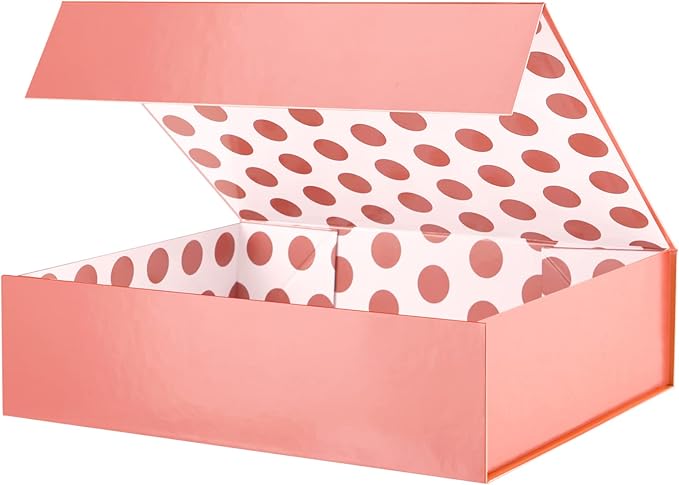 GREEN BEAN Gift Box 13x9.7x3.4 In, Rose Gold Gift Box for Present, Magnetic Gifts Box with Lids for Clothes, Christmas Gift box(Glossy Metallic Rose Gold, Dot Design Inside)