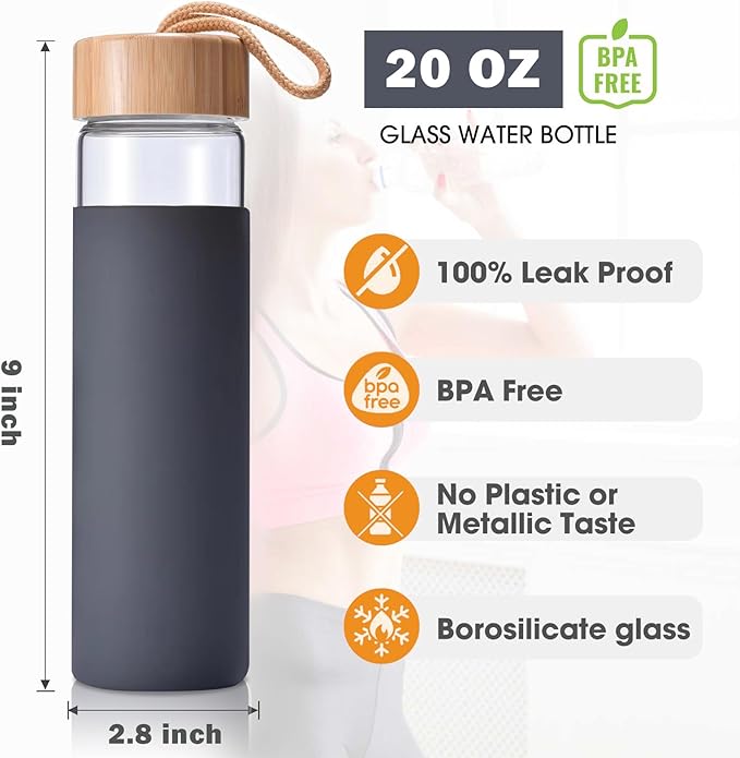 20 Oz Borosilicate Glass Water Bottles with Silicone Sleeve BPA Free, Dishwasher Safe - Reusable Clear Glass Drinking with Leak Proof Bamboo Lid | Perfect Gym Water Bottles for Men & Women