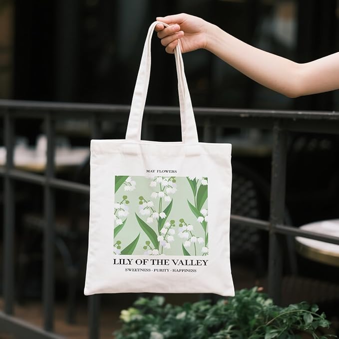 Flower Canvas Tote Bag, May Dily of The Valley Reusable Shoulder Bags, Gifts to Sister and Friends, Holiday Gift Bags for Wrap Storage, Casual Canvas Totes for Work Traveling