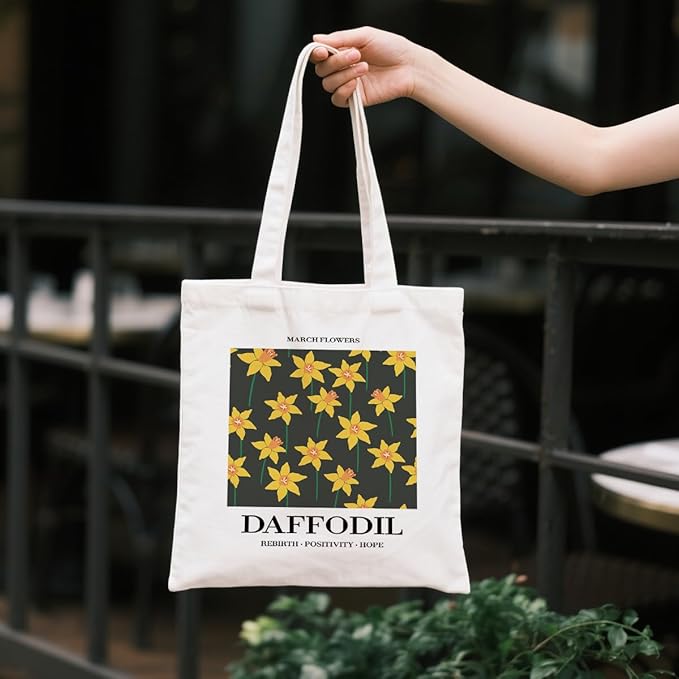 Flower Canvas Tote Bag, March Daffodil Reusable Shoulder Bags, Gifts to Sister and Friends, Holiday Gift Bags for Wrap Storage, Casual Canvas Totes for Work Traveling