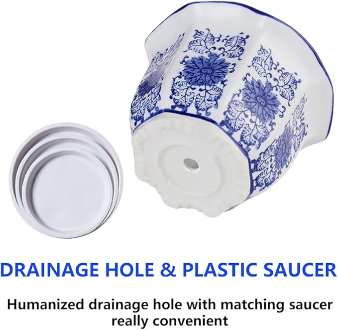 Ceramic Pots for Plants, Chinoiserie Décor Ceramic Flower Pots Planters for Indoor Plants with Drainage, Blue and White, Set of 3