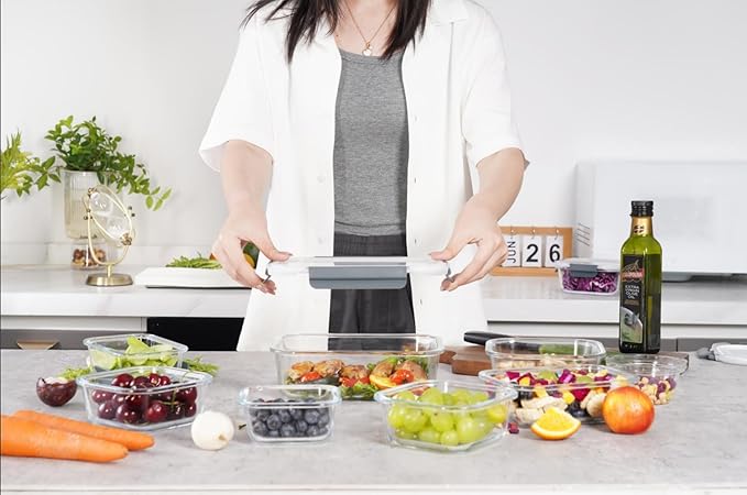 GENICOOK GC glass Food Storage Containers with Lids, Meal Prep Containers, Airtight Lunch Containers Bento Boxes with Snap Locking Lids for Microwave, Oven, Freezer and Dishwasher