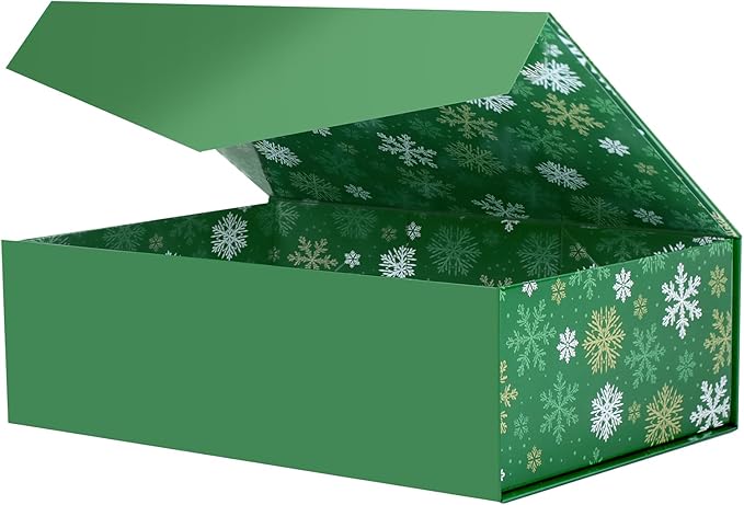 BLK&WH Christmas Gift Box 13.5x9x4.1 Inches, Green Large Collapsible Gift Box with Magnetic Lid (Green, Snowflake)