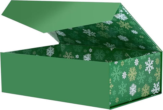BLK&WH Christmas Gift Box 13.5x9x4.1 Inches, Green Large Collapsible Gift Box with Magnetic Lid (Green, Snowflake)