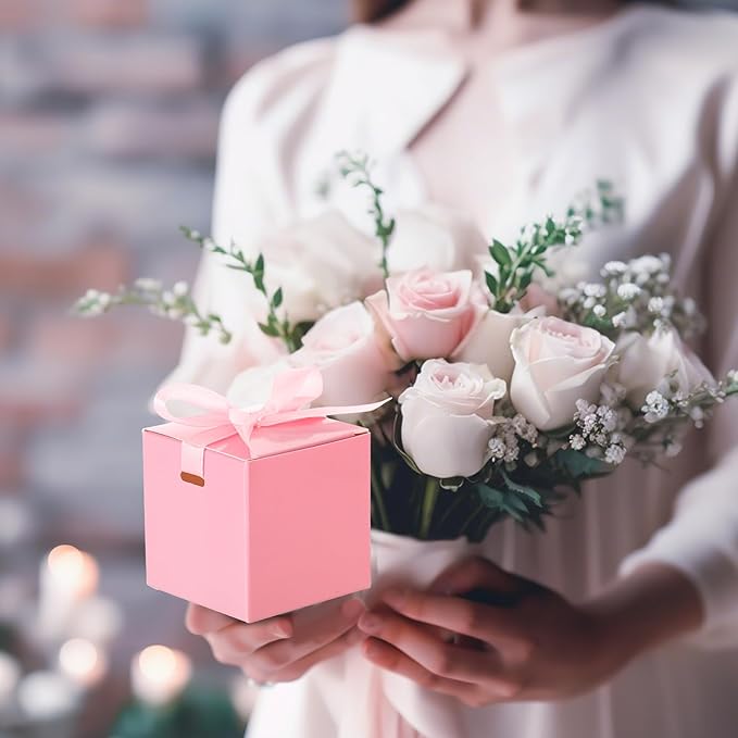 48 Pcs Christmas Gift Boxes with Ribbon Small Party Favor Boxes with Lids Mini Treat Candy Container for Wedding, Party, Birthday, Valentine's Day and More(Pink,6 Inch)