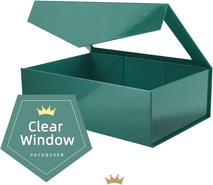 PACKQUEEN Large Green Christmas Gift Box with Window, 13.5x9x4.1 Inches Clear Gift Box for Present Contains Ribbon, Card, Groomsman Proposal Box with Magnetic Lid (Glossy Green)