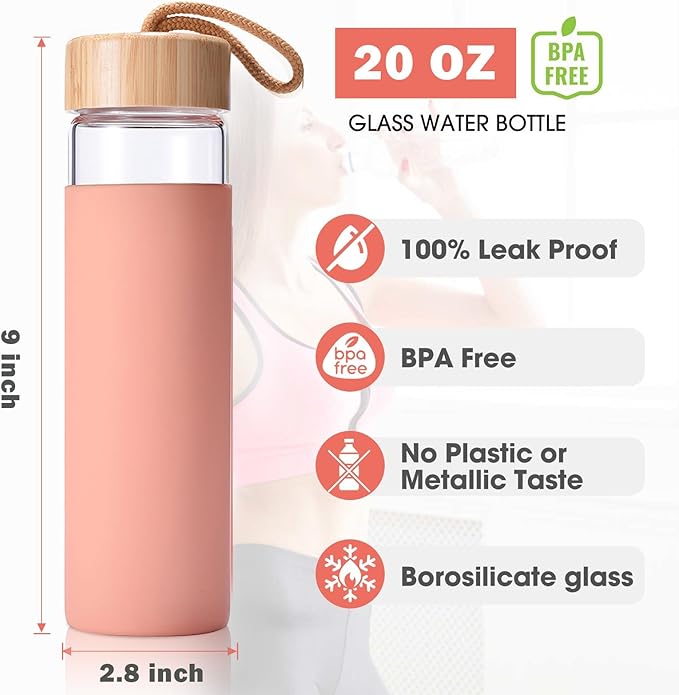 20 Oz Borosilicate Glass Water Bottles with Silicone Sleeve BPA Free, Dishwasher Safe - Reusable Clear Glass Drinking with Leak Proof Bamboo Lid | Perfect Gym Water Bottles for Men & Women