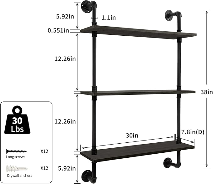 3-Tier Industrial Pipe Floating Shelf – Rustic 30 inch Wood Wall-Mounted Storage Shelf for Kitchen Office,Bathroom & Home Decor -Black