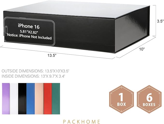 PACKHOME 6 Large Gift Boxes 13.5x10x3.5 Inches, Sturdy Shirt Boxes with Magnetic Lids for Multiple Occasions (Glossy Black)