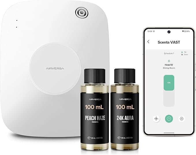 Airversa Smart Waterless Essential Oil Diffuser, 400mL Capacity with 200mL Fragrance Scent Oils, Up to 2000 sq ft Aromatherapy Scent Air Machine for Large Room and Commercial Use, ANA White Kit
