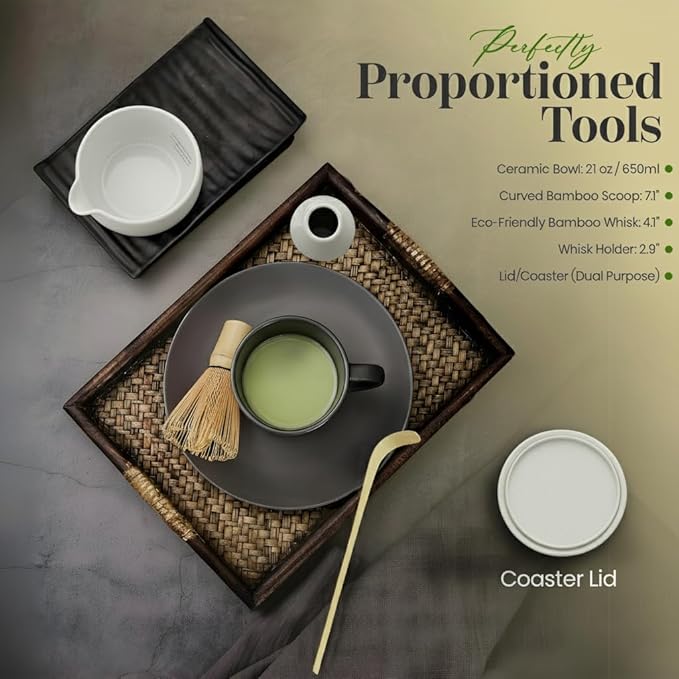NEXTLUXE Matcha Whisk Set – Traditional Bamboo Chasen with Ceramic Bowl, Matcha Bowl and Whisk Kit - Measurement Lines, Spoon & Lid – White