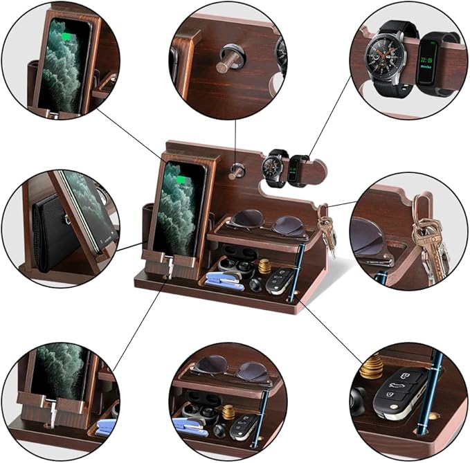 Gifts for Men Wood Phone Docking Station for Mens Gifts for Christmas Husband Anniversary Dad Birthday Gifts for Men or Dad - Nightstand Organizer Purse Father Desk Accessories & Workspace Organizer