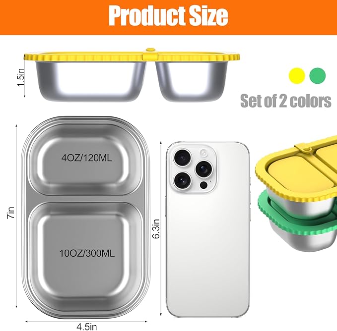 Stainless Steel Snack Containers with Silicone Lids, 2 Pack Reusable 2 Compartment Food Storage Containers, Snackle Box Container Leak-Proof Metal Bento Lunch Box for School, Travel, Home