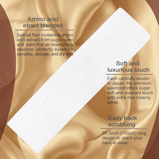 Super Soft Exfoliating Washcloth [Made in Japan] Shower Back Scrubber with Amino Acid Extract Blended as Moisturizing Essence, Exfoliating Towel for Sensitive Skin (Amino Acid Blended)