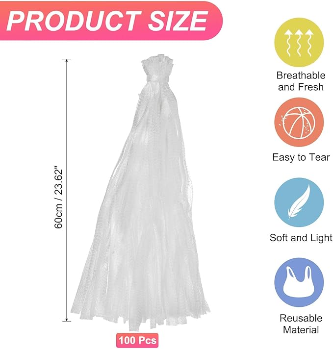 uxcell 100PCS Reusable Mesh Produce Bags, 23.6 Inches Egg Hatching Bags Washable Breathable Fruit Net Stretchable Mesh Netting Storage for Seafood Vegetable Onion Grocery Shopping, White