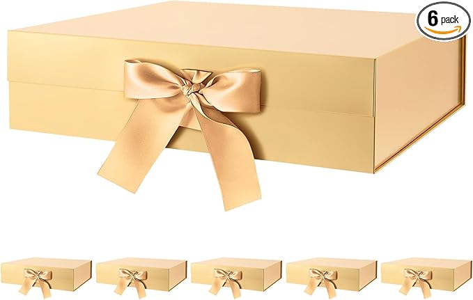 GREEN BEAN 6 Large Gift Boxes with Lids for Presents 13x9.7x3.4 Inches, Gold Magnetic Luxury Gift Boxes with Ribbon, Bridesmaid Proposal Gifts Boxes (Glossy Gold)