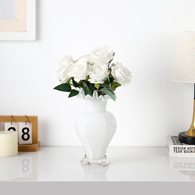 Large Glass Vase, White Glass Vase for Flowers, Flower Vases for Bouquet, Unique Vases for Living Room, Dining Table, Shelf, Wedding, Office, Coffee Table, 9.5 Inches