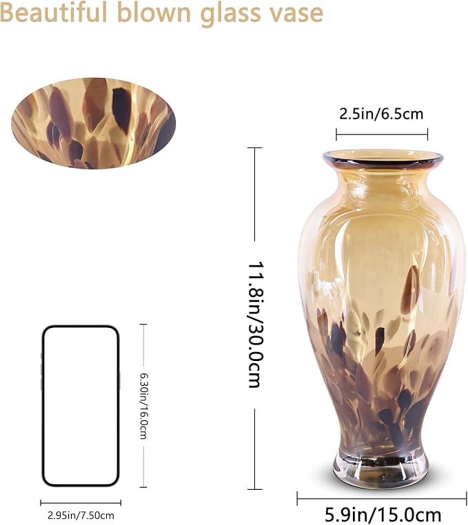 Hand Blown Glass Vase 11.8" Tall Beautiful Amber Gold Sea Wide Mouth Bud Vase for Table Centerpiece, Painted Colorful Murano Glass Flower Vases for - Home Entrance Wedding Center