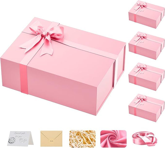 Large Pink Gift Box with Lid: 5 Pack 13.5×10×5 Inches - Strong Magnetic Closure for Valentines Birthdays Wedding Gifts – Perfect for Couples Friends Family