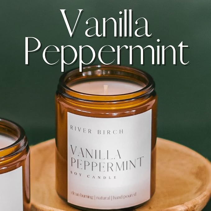 River Birch Candles Vanilla Peppermint Scented Candle | Premium, All-Natural, Non-Toxic, Soy Amber Jar Candles | 8.5oz 40 Hr Burn Time | Cozy Relaxing Gifts for Home