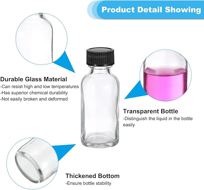 PATIKIL 1oz(30ml) Glass Sample Bottles, 24Pcs Round Bottle Dispensing Bottles with Black Poly Cone Cap for Reagent Liquids, Juice, Perfume Hot Sauce Ginger Shots, Transparent