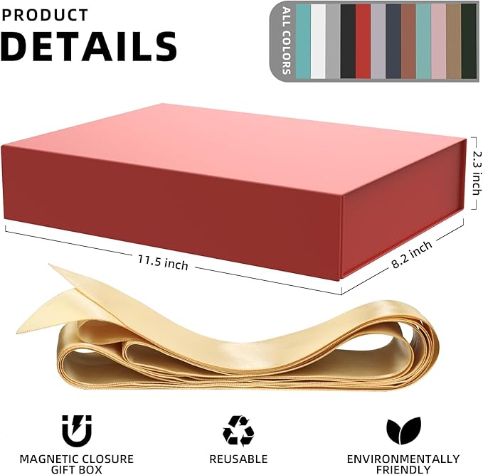 MOZRRO Gift Box 11.5 x 8.2 x 2.3 In Gift Boxes for Presents Magnetic Closure, Gift Boxes with Lids for Presents Birthday Luxury Jewelry T-shirts Gloves Scarves Books Clothes Gift Wrap - Red