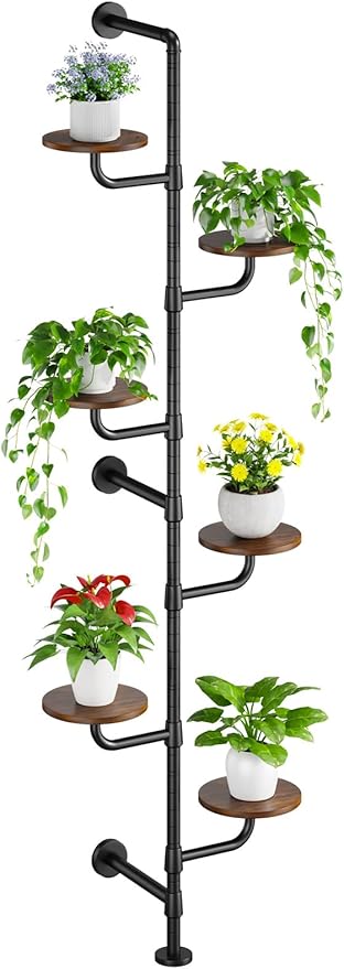 Plant Stand Indoor, 6-Tier Plant Shelf, Tall Wall Mounted Metal Pole & Rotating Wooden Board Plant Holder for French Window, Corner, Home Decor - C5