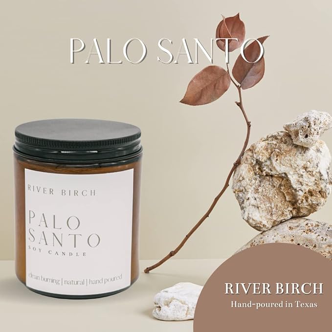 River Birch Candles Palo Santo Scented Candle | Premium, All-Natural, Non-Toxic, Soy Amber Jar Candles | 8.5oz 40 Hr Burn Time | Cozy Relaxing Gifts for Home