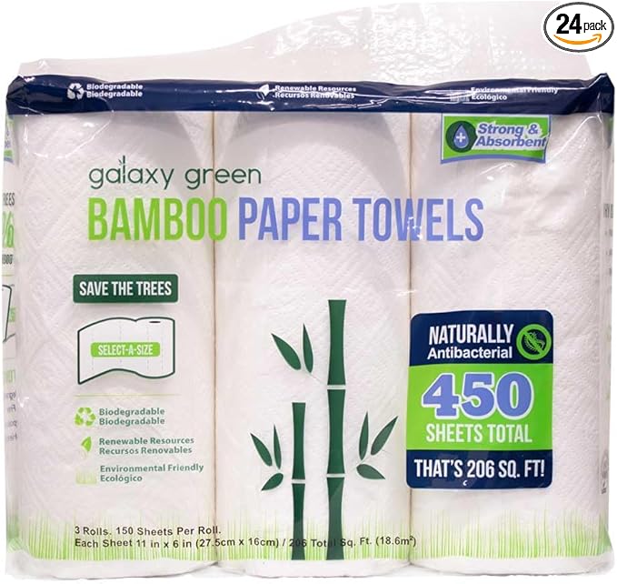 Galaxy Green Bamboo Paper Towels Earth Friendly, Strong 2 Ply Sheets, Sustainable, 24 Rolls
