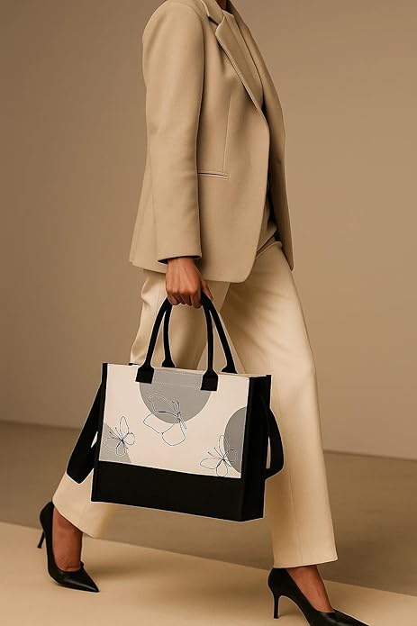 Canvas Tote Bag Hand-Stitched Spacious Eco-Friendly Durable, Detachable Strap for Vacation Beach Everyday Errand Work Essentials Ultimate Gift Butterfly Pattern