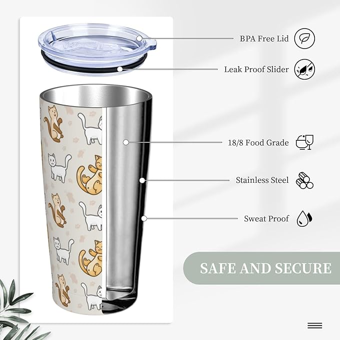Cute Cat Tumbler,Cat 20oz Stainless Steel Insulated Travel Tumblers,Travel Coffee Mug with Lid and Straw Water Bottle Drink Tumbler Cups Gifts for Women Men Lovers