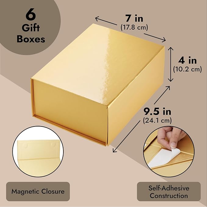 Stockroom Plus Magnetic Gold Gift Boxes with Lids - 9.5 x 7 x 4 In, Jewelry Gift Box 6 Pack, Gold - Magnetic Closure & Cardboard Construction