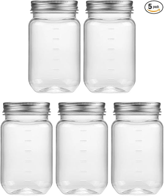novelinks 16 oz Clear Plastic Jars with Screw-On Lids - BPA-Free Refillable Storage Containers for Slime, Food, Crafts, Kitchen & Household Use (5 Pack,Silver)