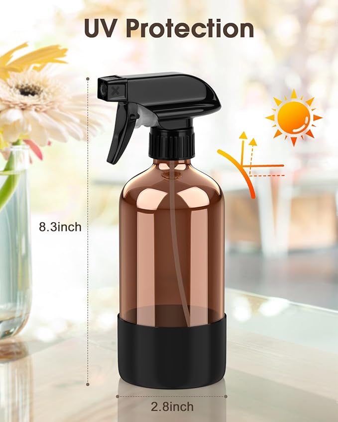 Glass Spray Bottle with Silicone Sleeve Protection, Amber Glass Spray Bottle Set for Window Cleaner Aromatherapy Facial Hydration Watering Flowers Hair Care 2 Pack/16 oz (Black & Orange, 16 oz)