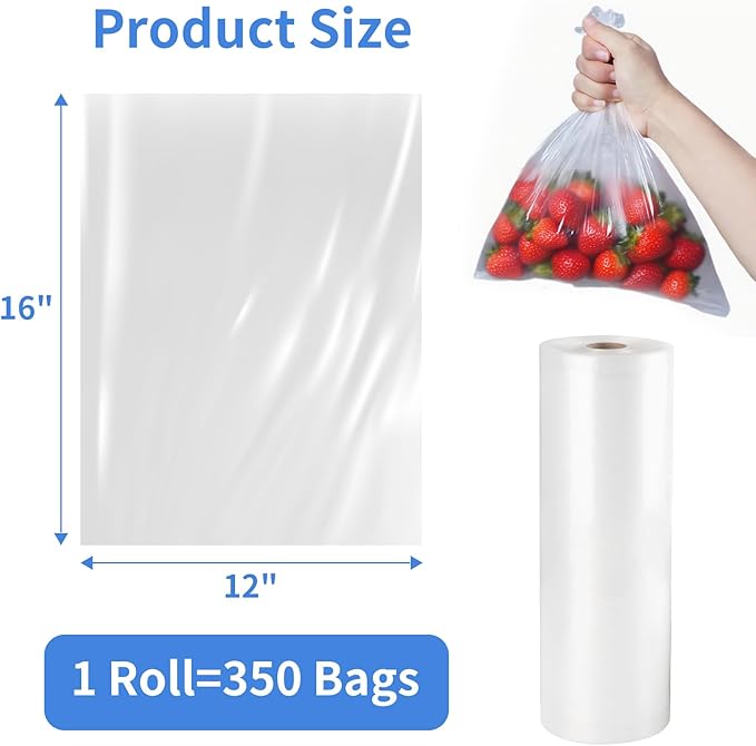 Food Storage Bags, 2 Rolls 12x16 Clear Plastic Produce Bags Roll for Food Storage, Bread, Vegetables, Fruit, and More, 350 Bags/Roll