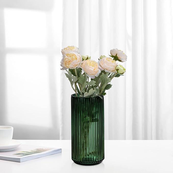 Flower Vase 7.5 inch Green Thickened Glass Vase for Bookshelf,Dinner Table,Indoor Office Desktop,Meeting Room,Bathroom,Countertop,Home Christmas Day Decoration