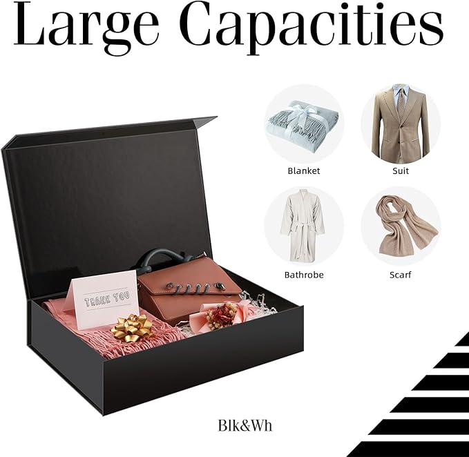 BLK&WH 5 Extra Large Gift Boxes 17x11x4 Inches, Black Gift Boxes with Magnetic Closure Lid, Sturdy Shirt Boxes, Rectangle Collapsible Boxes for Clothes (Glossy Black with Grass Texture)