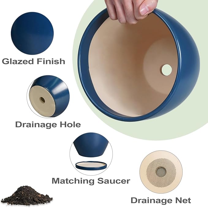 Ceramic Plant Pot - 8 Inch Planter for Indoor Outdoor Plants, Round Flower Pots with Drainage and Tray, Home Office Decor, Blue