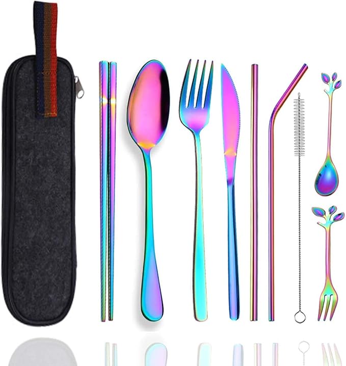 Travel Utensils Set with Case Reusable Stainless Steel Silverware Flatware Set 9 Pcs Portable Cutlery Eating Utensils Set for Lunch Boxes Workplace Camping School, Dishwasher Safe (Multi)
