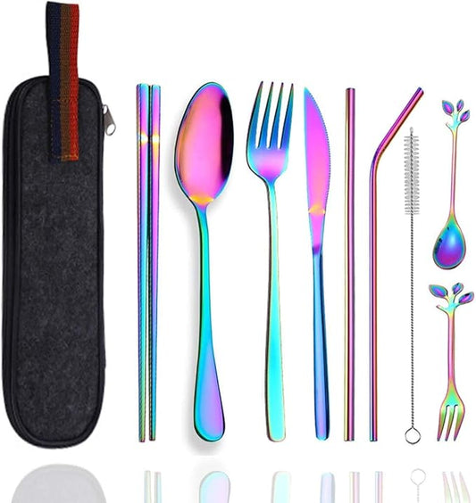 Travel Utensils Set with Case Reusable Stainless Steel Silverware Flatware Set 9 Pcs Portable Cutlery Eating Utensils Set for Lunch Boxes Workplace Camping School, Dishwasher Safe (Multi)