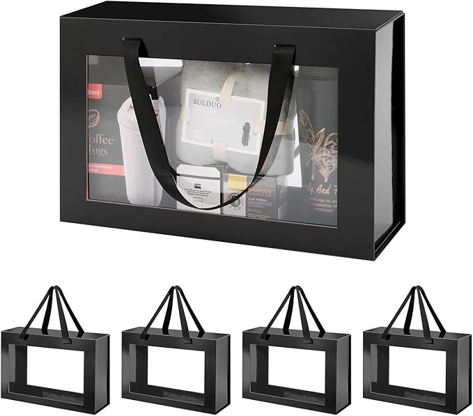 JINGUAN Large Black Clear Gift Boxes, 13.5x9x4.1 Inches, 5 Pack with Windows by Handles, Magnetic Closure, Suitable for Any Occasion