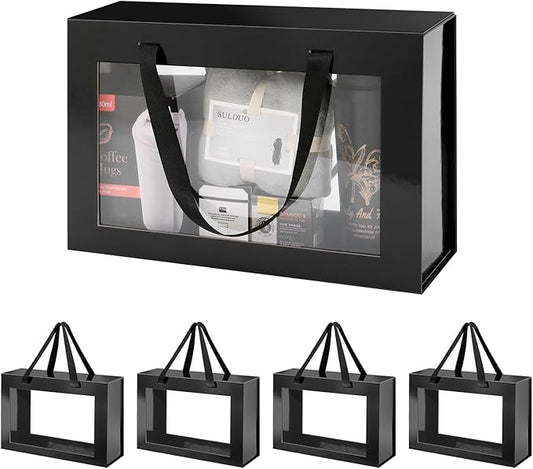 JINGUAN Large Black Clear Gift Boxes, 13.5x9x4.1 Inches, 5 Pack with Windows by Handles, Magnetic Closure, Suitable for Any Occasion