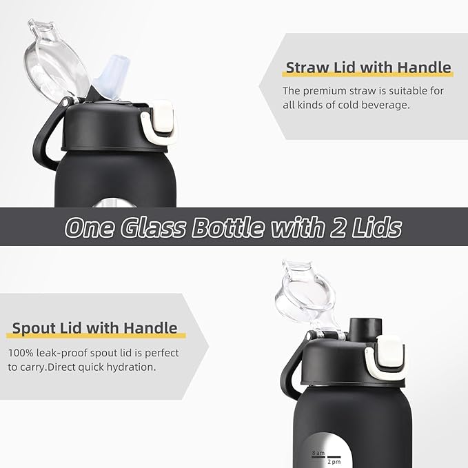 24 oz Glass Water Bottles with 2 Lids-Handle Spout Lid & Straw Lid, Motivational Water Bottle with Time Marker and Silicone Sleeve,Leakproof-Black-1 Pack