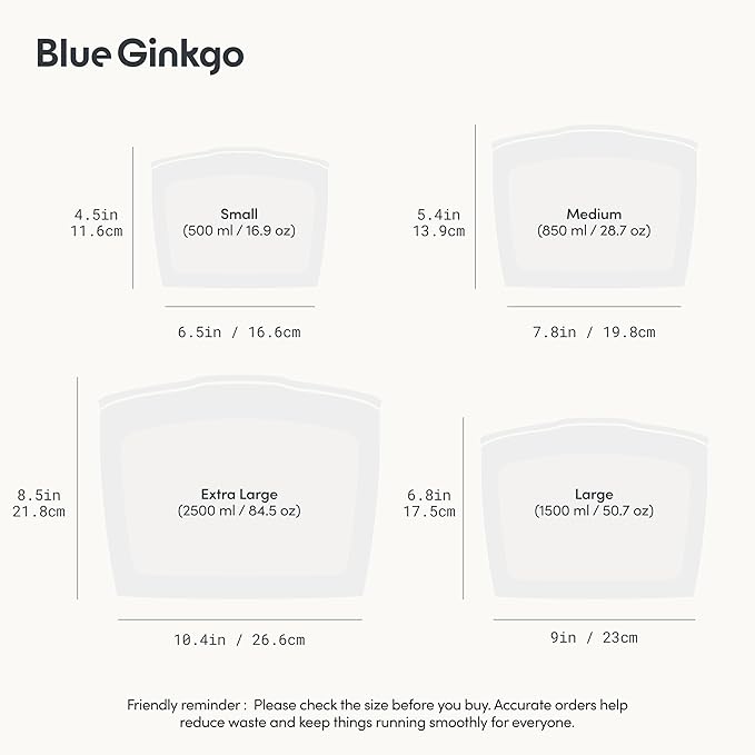 Blue Ginkgo Reusable Silicone Storage Bags – 4-Pack | Korean-Made Stand Up Food, Freezer Bags - Clear