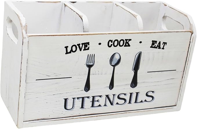 Fenteer Kitchen Utensil Holder Storage Crock Vintage Accessories Wooden Utensil Organizer Cutlery Box for Counter Hotels Restaurants, White