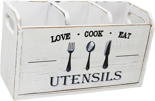 Fenteer Kitchen Utensil Holder Storage Crock Vintage Accessories Wooden Utensil Organizer Cutlery Box for Counter Hotels Restaurants, White