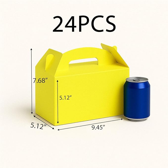 24Pack Large Party Favor Boxes,Yellow Treat Boxes,XiePiPiPaper(9.45*5*5"),Large Goodie Boxes, Gable Gift Boxes with Handles,Candy Boxes for Kids Birthday Baby Shower Wedding Halloween Christmas.