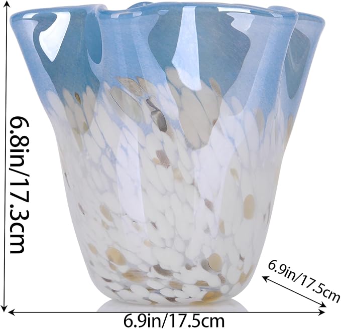 Hand Blown Glass vase, Blue Glass Art Wide Mouth vase for Home Living Room, Fireplace Decor, Table centerpieces, entryway Tables and Wedding Decor.